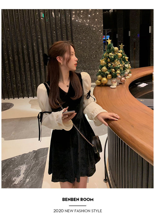 VenusFox French Vintage Mini Dress Women 2021 Spring Lace Bow Velvet Evening Party Dress Female Casual Kawaii One Piece Dress