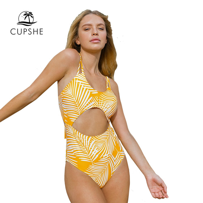 VenusFox Yellow Leaf Print Cut Out One-Piece Swimsuit Sexy Lace Up Padded Women Monokini 2021 New Girl Beach Bathing Suit Swimwear