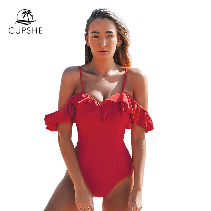 VenusFox Solid Red Off-The-Shoulder Ruffles One-Piece Swimsuit Sexy Padded Cups Women Monokini 2021 Beach Bathing Suit Swimwear