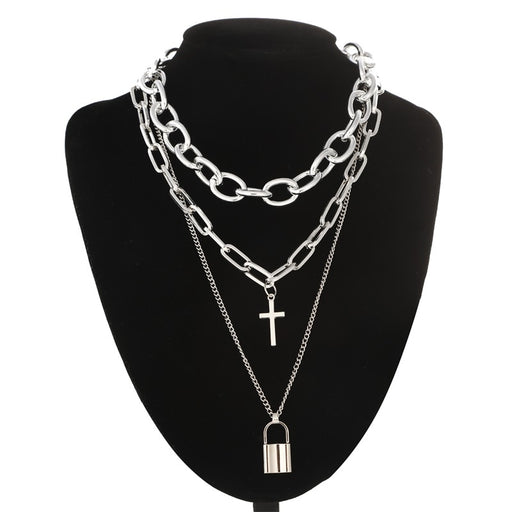 VenusFox Layered grunge aesthetic jewelry vintage  punk chain necklace for women men lock cross pendant  choker  chains goth accessory
