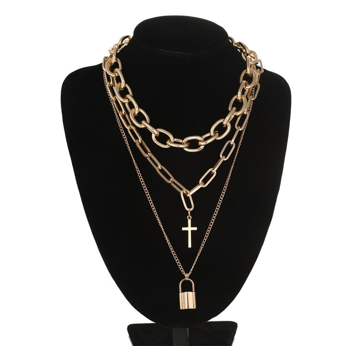 VenusFox Layered grunge aesthetic jewelry vintage  punk chain necklace for women men lock cross pendant  choker  chains goth accessory