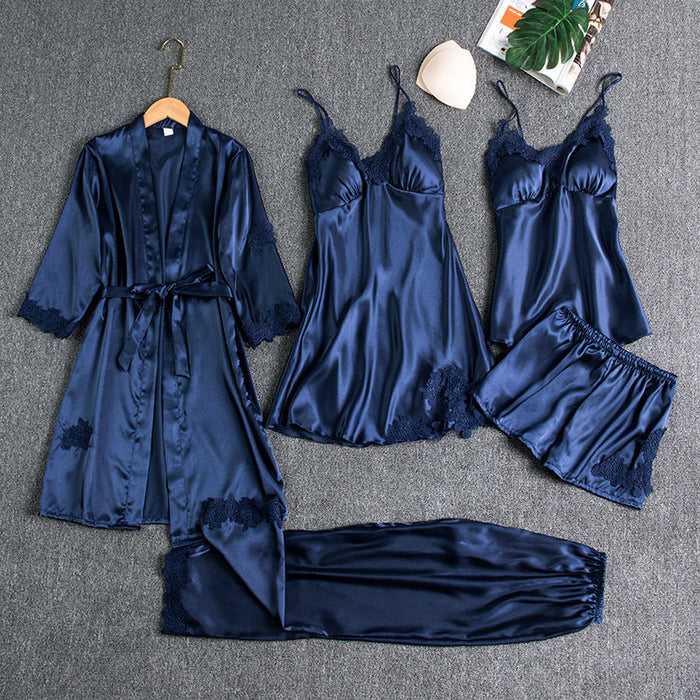 VenusFox Sleepwear Female 5PCS Pajamas Set Satin Lace Patchwork Bridal Wedding Nightwear Rayon Home Wear Nighty&Robe Suit