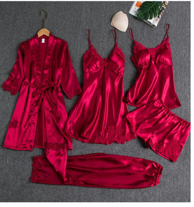 VenusFox Sleepwear Female 5PCS Pajamas Set Satin Lace Patchwork Bridal Wedding Nightwear Rayon Home Wear Nighty&Robe Suit