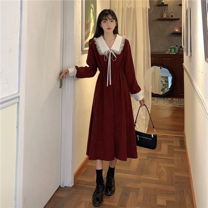 VenusFox Vintage Dress Women Sweet Lace Peter Pan Collar French Elegant Long Sleeve Lace-Up Fairy One Piece Dress Korean 2021 Spring Chic