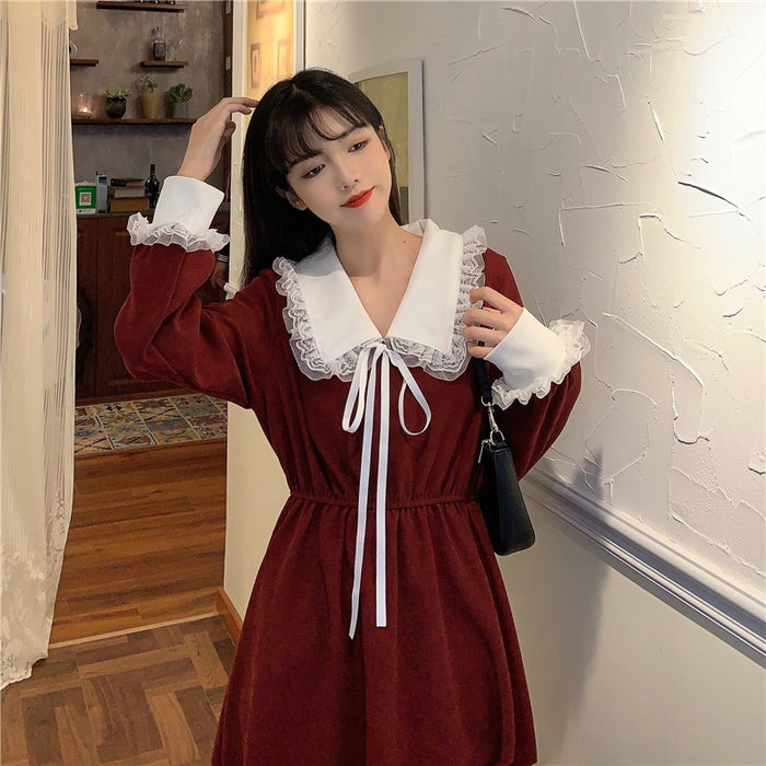 VenusFox Vintage Dress Women Sweet Lace Peter Pan Collar French Elegant Long Sleeve Lace-Up Fairy One Piece Dress 2021