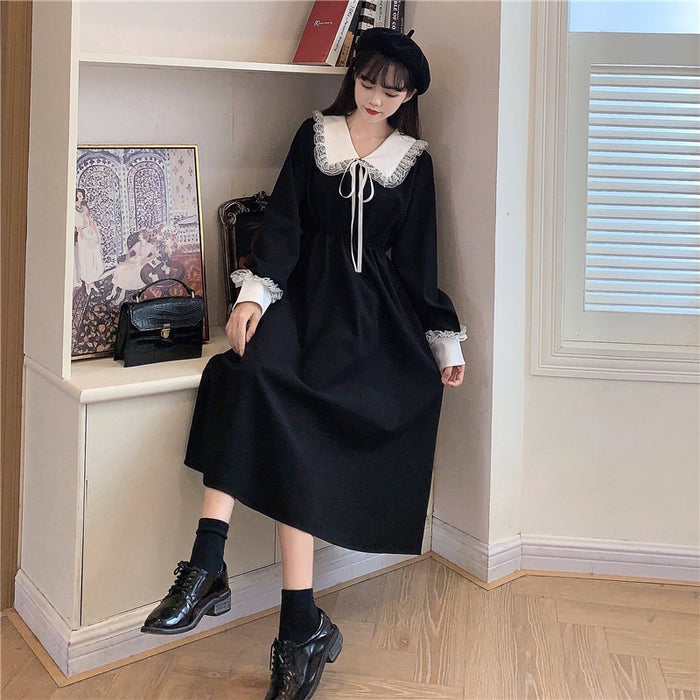 VenusFox Vintage Dress Women Sweet Lace Peter Pan Collar French Elegant Long Sleeve Lace-Up Fairy One Piece Dress 2021