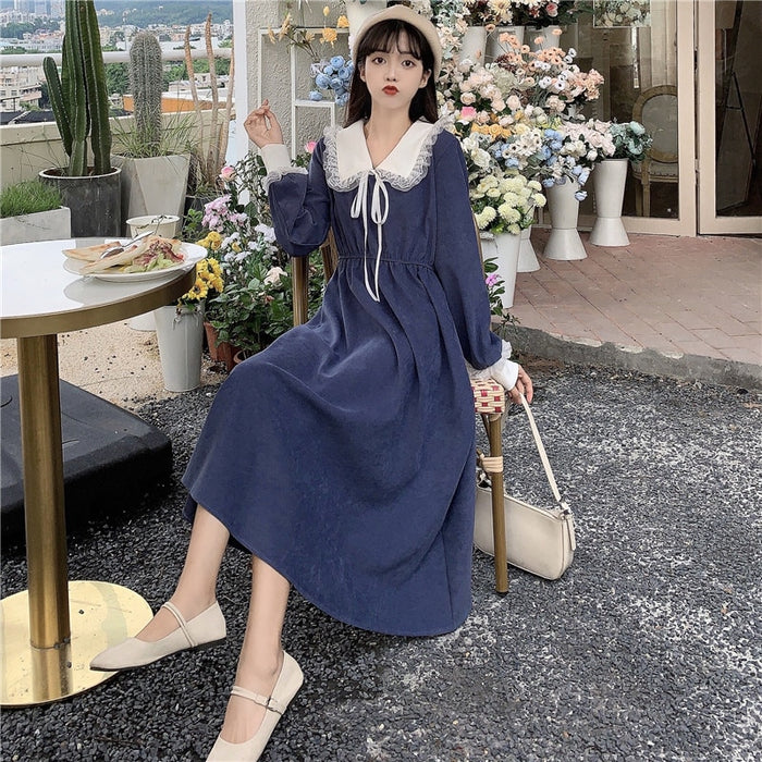 VenusFox Vintage Dress Women Sweet Lace Peter Pan Collar French Elegant Long Sleeve Lace-Up Fairy One Piece Dress Korean 2021 Spring Chic