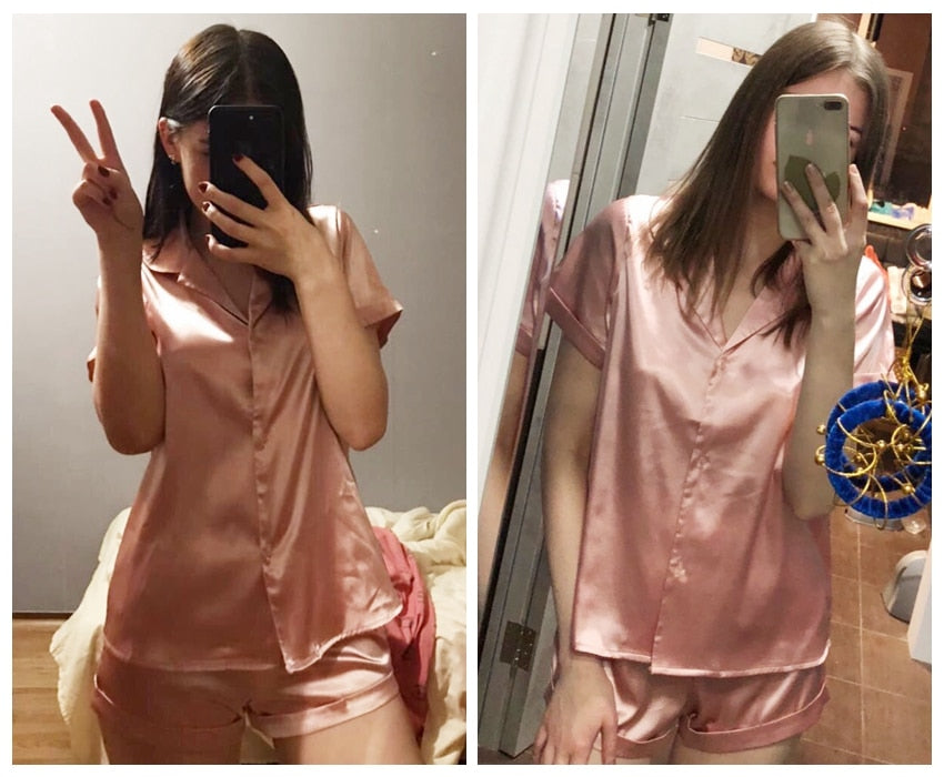 VenusFox Satin Nightshirt With Shorts Nightwear Suit Silk Pajama Short Sleeve Casual Pajama Sets Women Sleepwear Summer