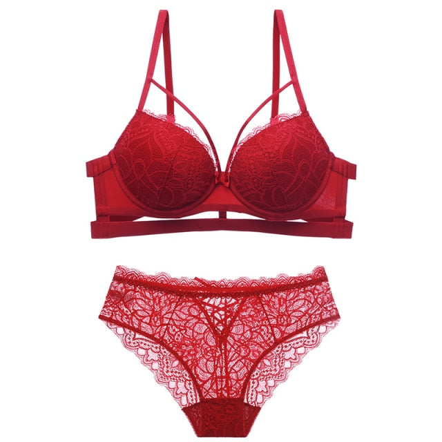 VenusFox Fashion Red Hollow Out Bra And Panties Sets Embroidery Sexy Lingerie Deep V Push Up Brassiere Lace Women Underwear Plus Size C D