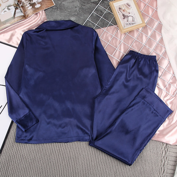 VenusFox Blue Women Pajamas Turndown Collar Pocket Long Sleeve Casual Pants 2 Piece Set Sleepwear Female Home Suit Sets Nightwear