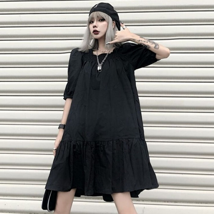 VenusFox Women's Punk Goth Dress Gothic Harajuku Streetwear Puff Sleeve Black Ruched Mini Dress Summer Emo Dress  Woman Clothes