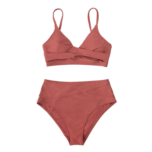 VenusFox Sexy Twist Tank High-Waist Bikini Sets Swimwear Women Swimsuits Bathing Suit 2021 Solid Red V-neck Bikinis Beachwear
