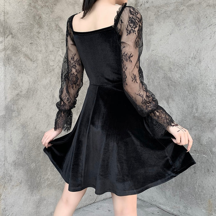 VenusFox Goth Lolita Dress Women Black Lace Stitching Sexy Frock Vintage Velvet Pleated Dress Dark Streetwear Square Neck