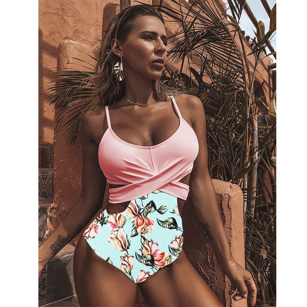 VenusFox One Piece Swimsuit 2021 New Sexy Print Floral Swimwear Women Bodysuit Leopard Strappy Slimming Bathing Suit Beach Wear Monokin