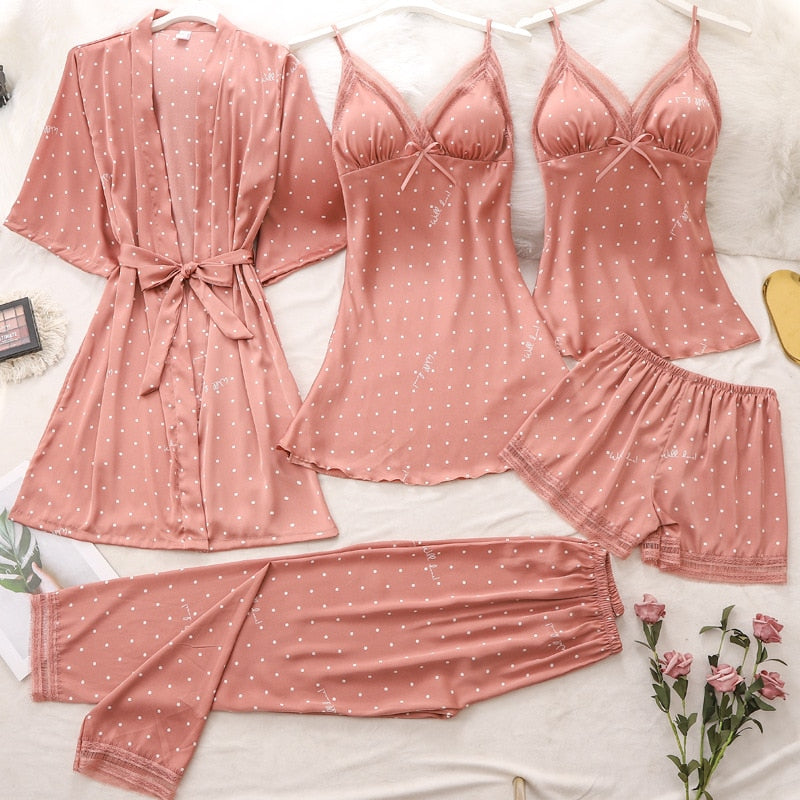 VenusFox Spring New 5PCS Pajamas Sets Sexy Womens Strap Top&Pants Sleepwear Sleep Suit Casual Satin Lace Print Pijamas Intimate Lingerie