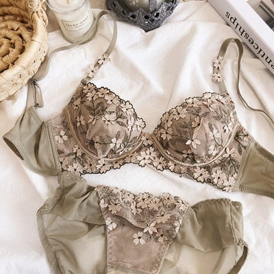 VenusFox thin bras with pad and panties transparent cotton bra sexy bra set female perspective mesh embroidery underwear sets summer