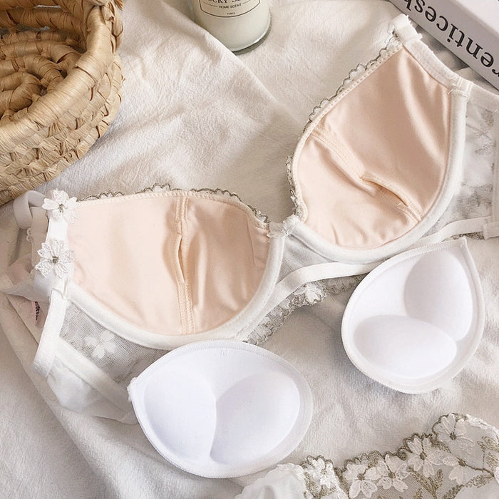 VenusFox thin bras with pad and panties transparent cotton bra sexy bra set female perspective mesh embroidery underwear sets summer