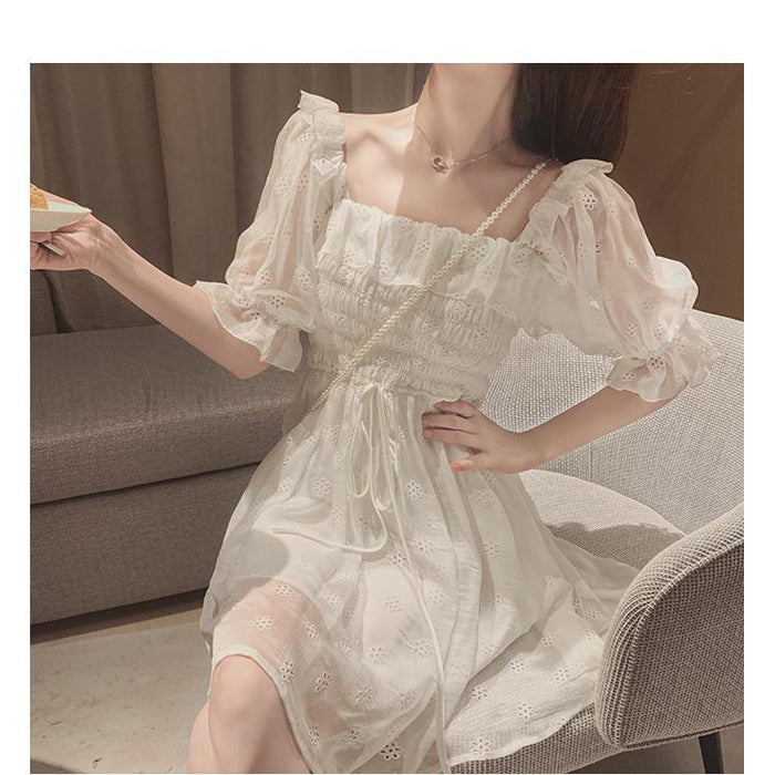 VenusFox French Summer Dress Women White Puff Sleeve Korean Style Fairy Dress Lace Chiffon Kawaii Elegant Vintage Dress Vestidos