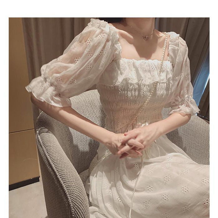 VenusFox French Summer Dress Women White Puff Sleeve Korean Style Fairy Dress Lace Chiffon Kawaii Elegant Vintage Dress Vestidos