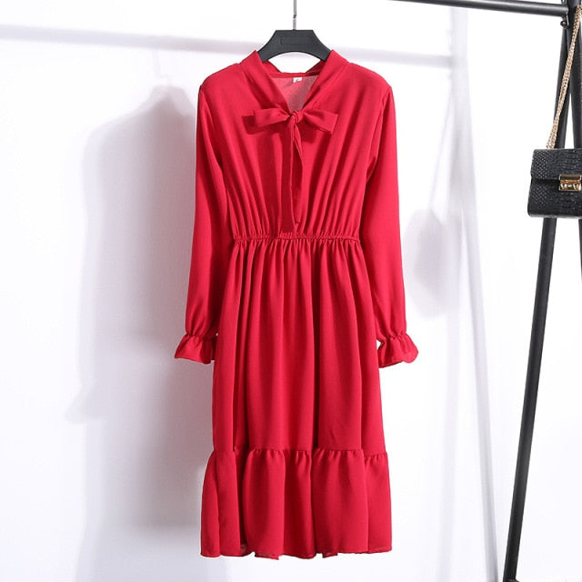 VenusFox Casual Women Dress Chiffon Elegant Vintage Bow Collar Long Sleeve Autumn Winter Midi Shirt Dresses 2021 Solid Slim Clothes Robe