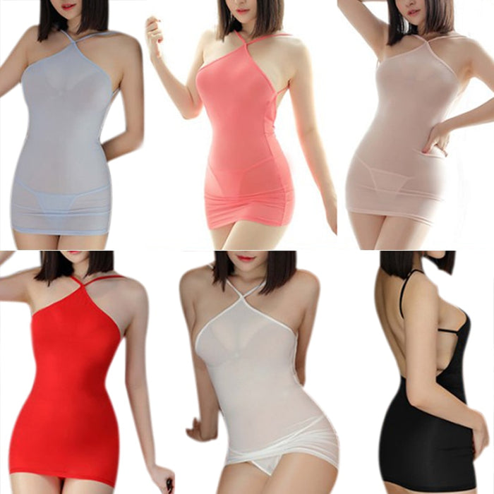 VenusFox Sexy Women Bodycon Tight Dress Transparent Night Club Erotic Wear Thin Ice Silk See Through Strip Halter Backless MINI Dress