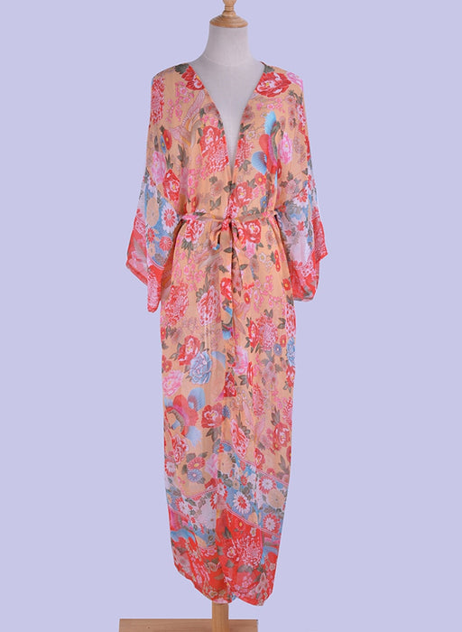 VenusFox Fitshinling Vintage Print Floral Beach Cover Up Summer Swimwear Bikini Outerwear Flare Sleeve Oversize Bohemian Long Cardigans