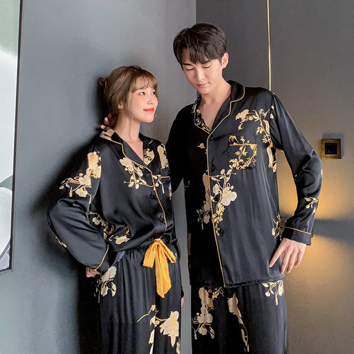 VenusFox Spring Women's Pajamas Set Luxury Style Black Golden Flower Print Sleepwear Silk Like Couple Home Clothes Nightwear for Men