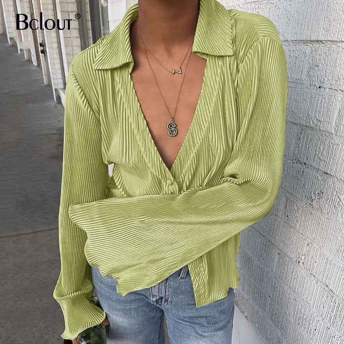 VenusFox Green Vintage Flare Sleeve Blouse Shirt