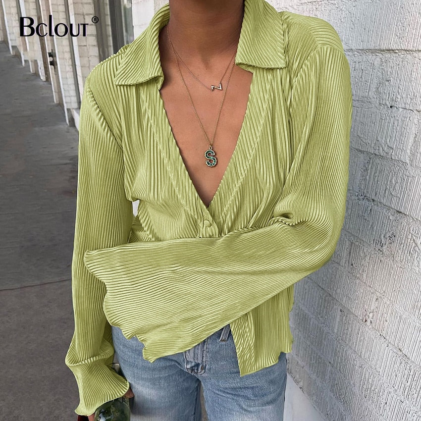 VenusFox Green Vintage Flare Sleeve Blouse Shirt