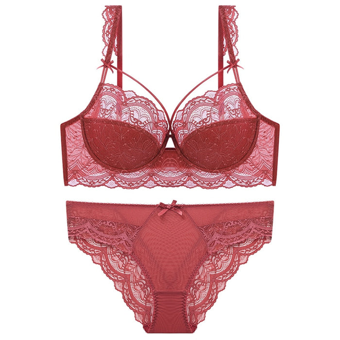 VenusFox Deep V Plus Size Lace Bras And Panty Sets For Women Thin Embroidery Push Up Sexy Underwear Set Female Red Lingerie A B C D E Cup