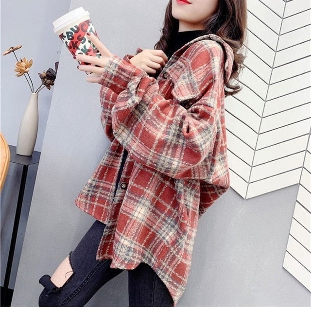 VenusFox Female Spring Vintage Oversized Plaid Flannel