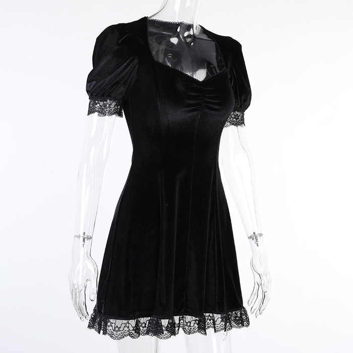 VenusFox Goth Dark Velvet Romantic Gothic Vintage Black Mini Dresses Women Lace ALine High Waist Emo Alt Clothes Pleated Partywear Dress