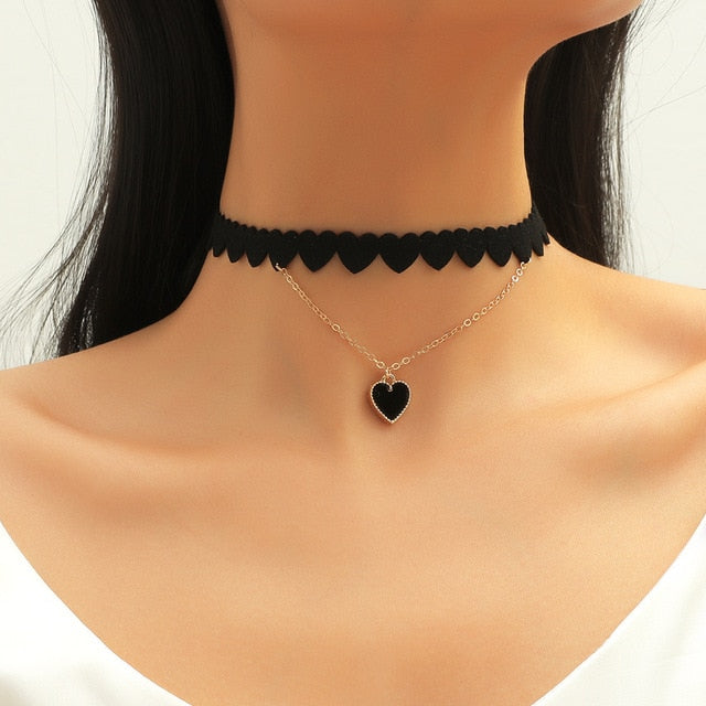 VenusFox Black Leather Velvet Choker Necklace