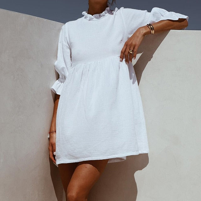VenusFox Casual Stand Collar Flare Sleeve Ruffles Mini Dress Woman Loose  High Waist Sweet Cotton White Holiday Dress 2021 Summer