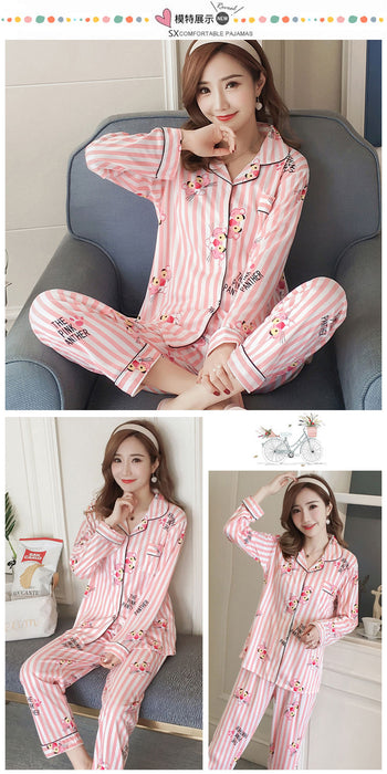 VenusFox Women's Pajamas New Autumn Spring Long Sleeve Sleepwear Set Striped cartoon Woman Home Nightwear Set Cardigan Plus Size