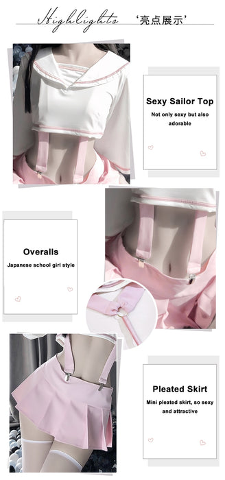 VenusFox Sexy Overalls Skirt Sailor Moon Cosplay Costumes Pink Bare Midriff Erotic School Girl Outfit For Women Sex Lingerie Set New 0673