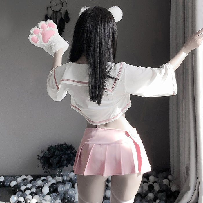 VenusFox Sexy Overalls Skirt Sailor Moon Cosplay Costumes Pink Bare Midriff Erotic School Girl Outfit For Women Sex Lingerie Set New 0673