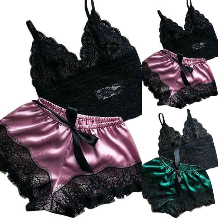 VenusFox Womens Lace Sleepwear Lingerie Tops Shorts Set Babydoll Pajamas Nightwear