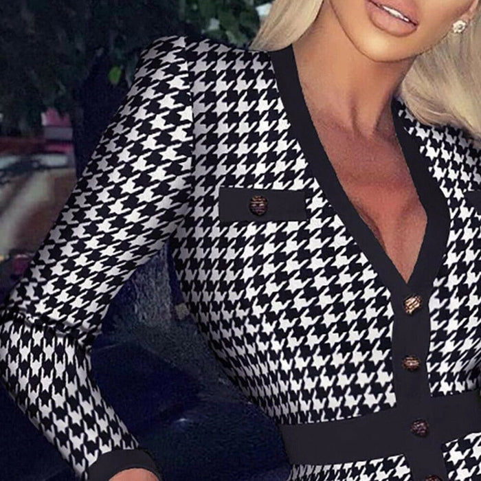 VenusFox Women Houndstooth Print Split Dress Sexy Deep V-neck Button Party Dresses Spring Autumn Long Sleeve Bodycon Office Lady Dresses