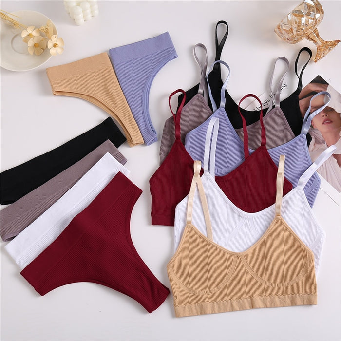 VenusFox Seamless Tanks Tops Panties Set Female Underwear Wireless Bra Crop Top Women Low-rise Underpants Soft Bralette Lingerie