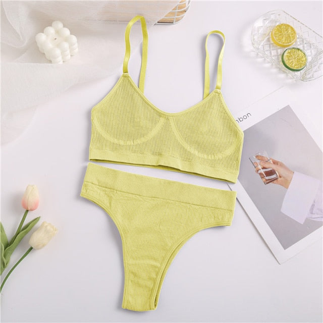 VenusFox Seamless Tanks Tops Panties Set Female Underwear Wireless Bra Crop Top Women Low-rise Underpants Soft Bralette Lingerie