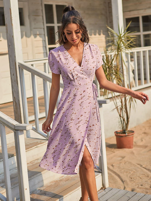 VenusFox Summer Floral Printed Beach Dress Women Boho Short Sleeve V Neck Split Elegant A Line Party Holiday Dress Casual Robe Plus Size