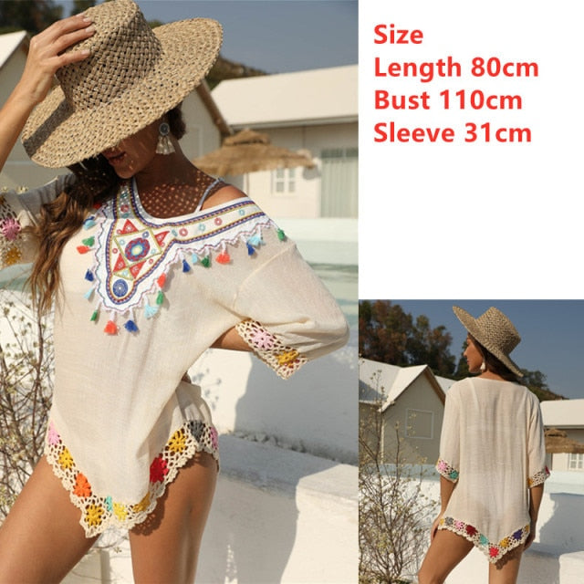 VenusFox Embroidery Coverups for Women Tunic Beach Cover Up Dress Solid Blouse Beachwear Lace Fishnet Bikini Wrap 2021 White Cover-up