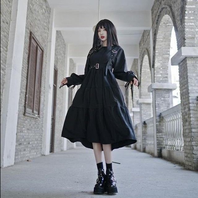 VenusFox Gohtic Harajuku Dress For Girls Spring Goth Lolita Style Kawaii Cute Princess Long Sleeve Balck Midi Dress Streetwear