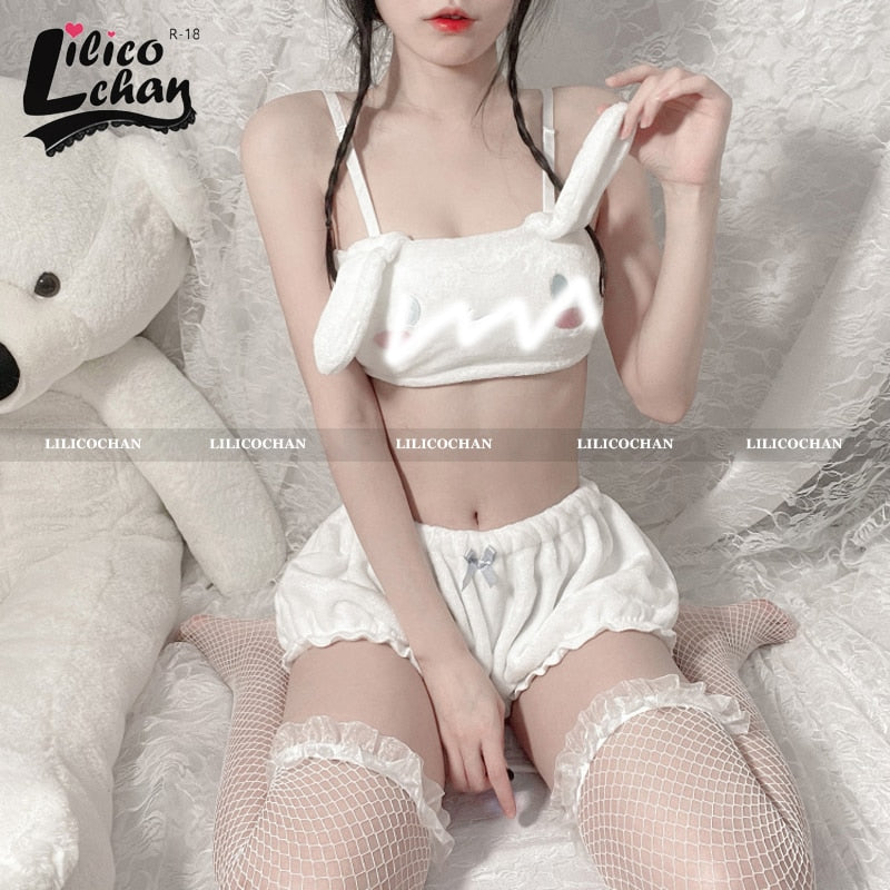 VenusFox Sexy Japanese Anime Tank Long Ear Doggy Bra and Cute Bloomers Pink White Kawaii Velvet Tube Top Panties Set for Sweet Girl 2020