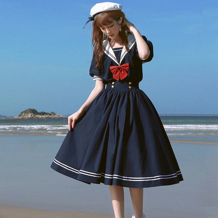 VenusFox Navy Sailor Collar Dress Mori Girl Harajuku Sundress Japan Style Sweet Lolita Style Kawaii Cute Dress Princess Elegant