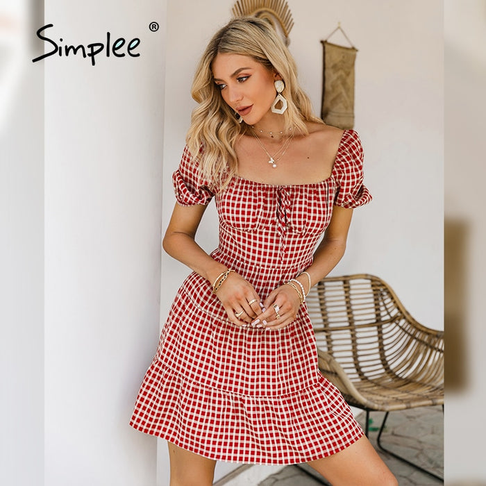 VenusFox Simplee Square collar red grid short dress Retro bubble sleeves french style dresses Elegant lace up causal spring dresses woman