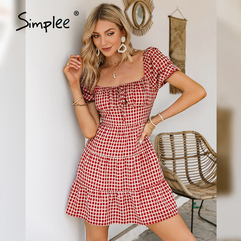 VenusFox Simplee Square collar red grid short dress Retro bubble sleeves french style dresses Elegant lace up causal spring dresses woman