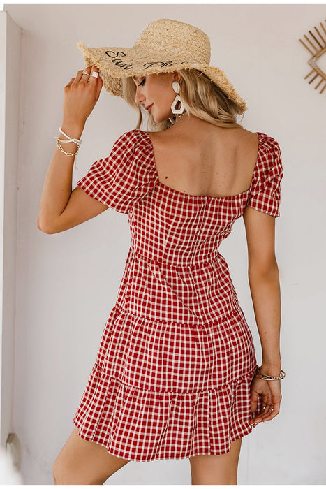 VenusFox Simplee Square collar red grid short dress Retro bubble sleeves french style dresses Elegant lace up causal spring dresses woman
