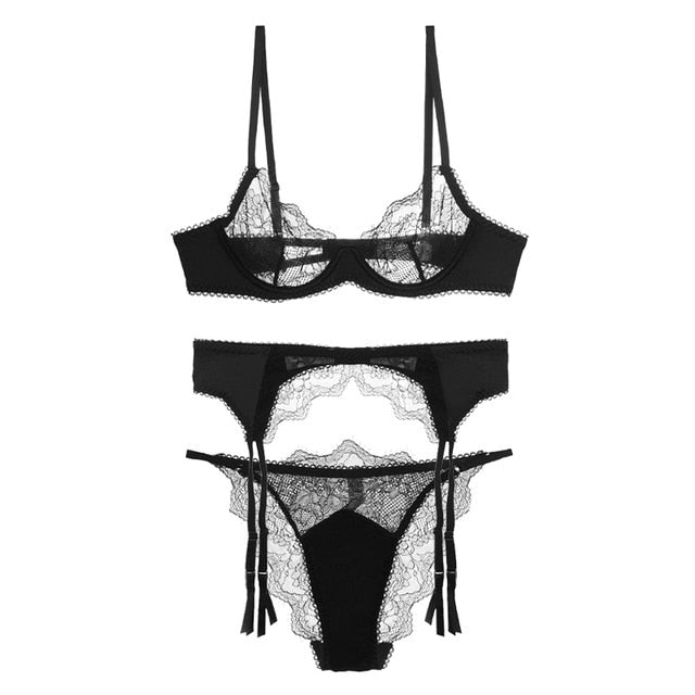 VenusFox 3 Piece Set Women Underwear Sexy Bra Panties Garter Sets Push Up Lace Lingerie For Women Satin Fabric Bra Free Shipping